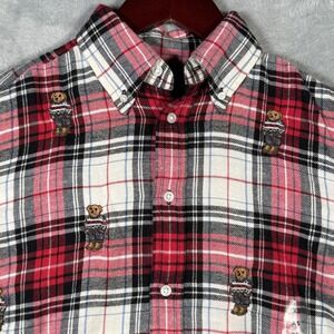 Polo Ralph Lauren Shirt Womens XS Red Black White Plaid Bear Flannel Button Down